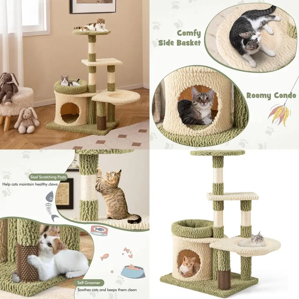 

Современный зеленый кошачий домик-дерево 38 с многоуровневыми платформами, сизалевыми стойками для когтеточков, самоочистителем шерсти, лежанкой, корзиной и подушкой