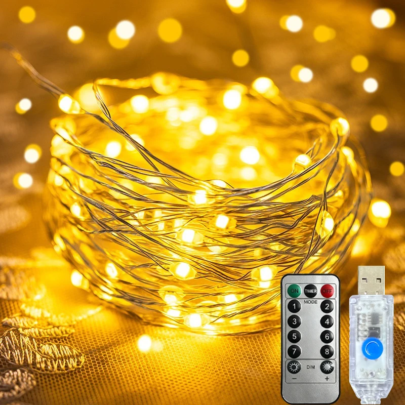 USB Fairy Lights Warm White Blue Colorful Copper Wire String Lights Remote Control 8 Modes for Christmas Tree Party Bedroom Deco