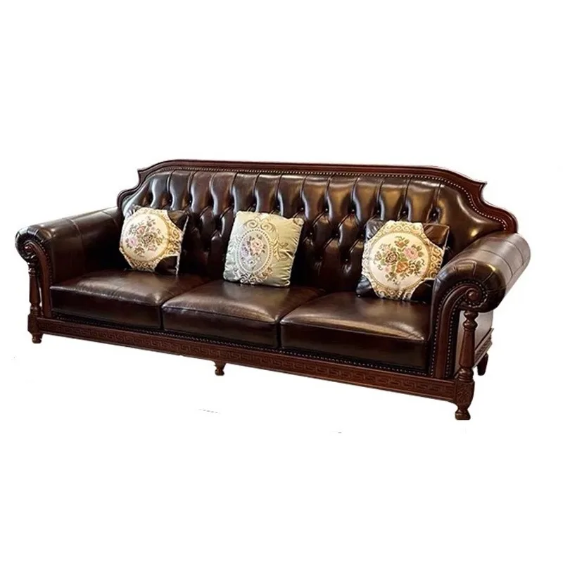 American retro all-solid wood leather sofa, first layer cowhide