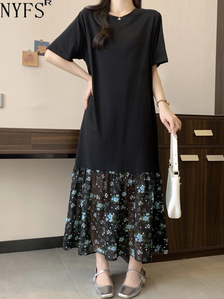 NYFS 2024 Summer New Korea Woman Dress Vestidos Robe Elbise Loose Plus Size Patchwork Print Hem Short Sleeve Long Dresses