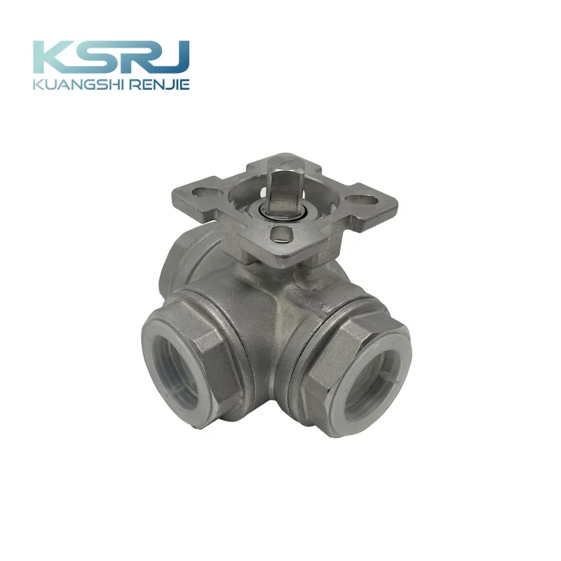 KSRJ CF8 1000WOG 3 Way T Type Internal Thread Water Flow Control 316 Stainless Steal Ball Valve Pneumatic Solenoid Valve