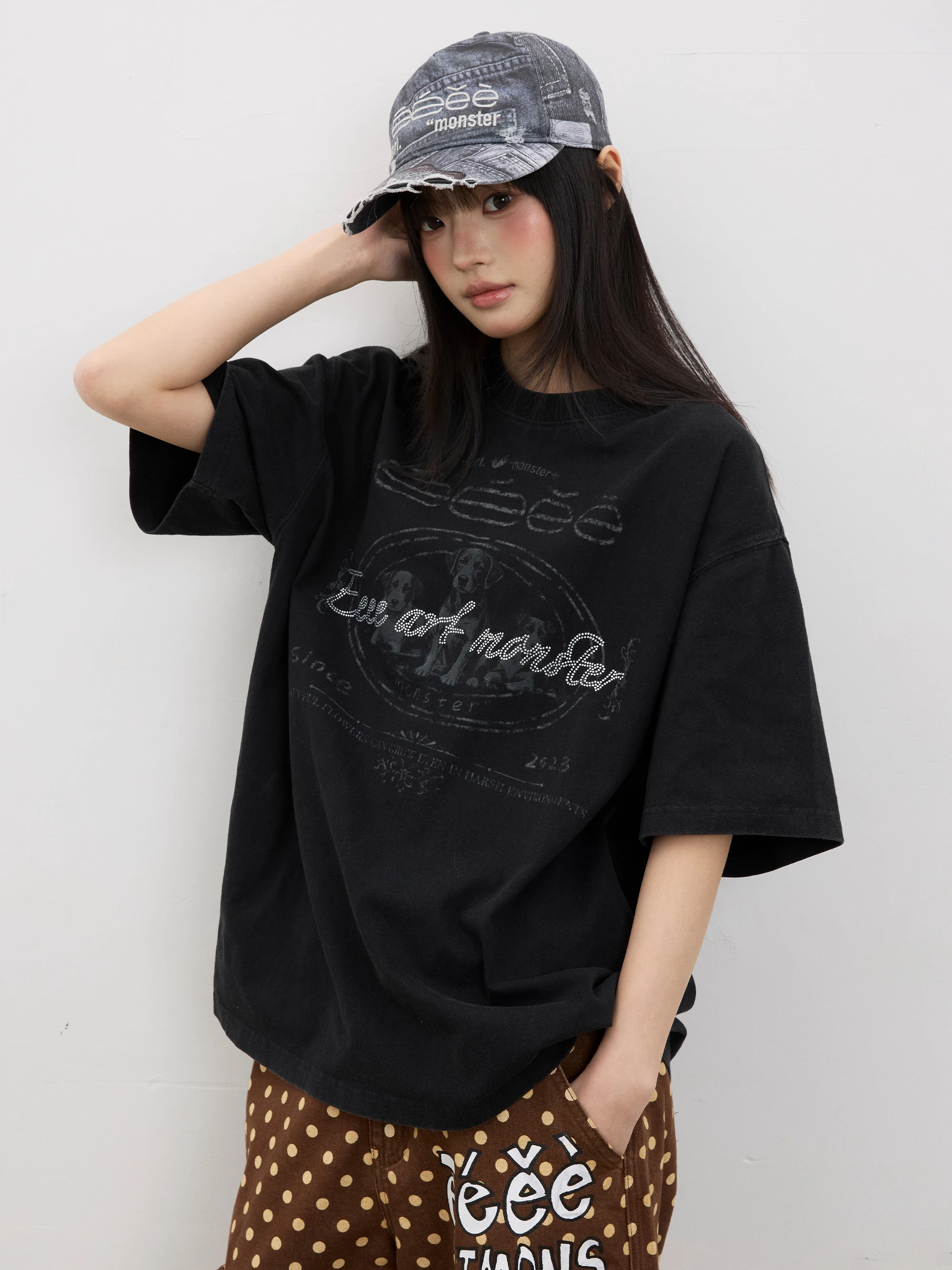 Street Style Loose Fit Short Sleeve T-Shirt with Dog Stamp And American Retro Design Summer Fashion Unisex round Neck Top