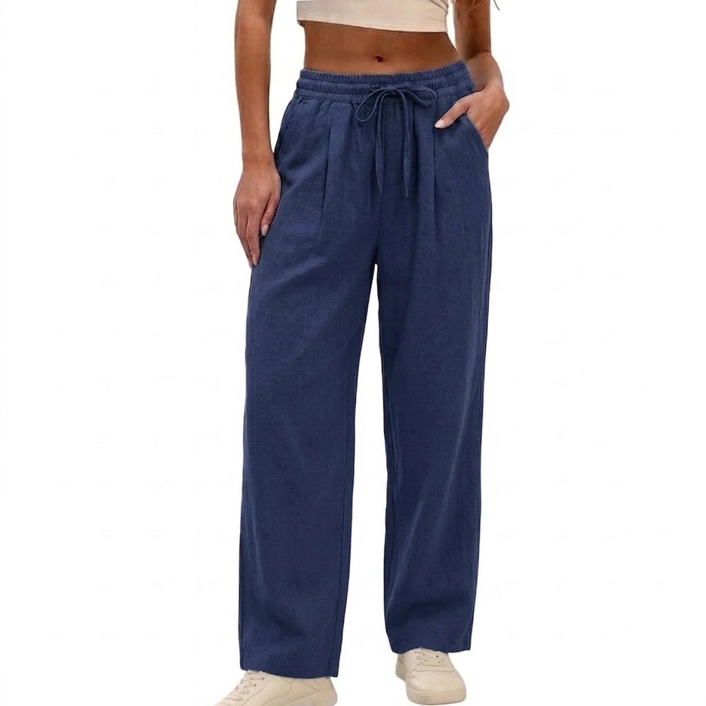 Neue Damen-Baumwollhose mit weitem Bein, lässige, lockere, hochtaillierte lange Hose, weiche Jogginghose, Baggy-Sweatpants mit Kordelzug für Sport. – Detail 10