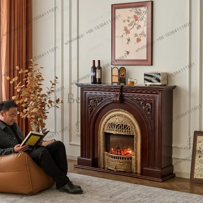 FG American antique fireplace Solid wood bird cage Living room French retro fireplace Simulation fire decorative cabinet Wall
