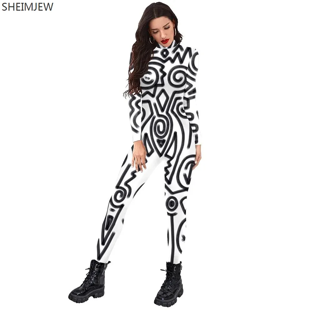 Women's Sexy Jumpsuit Geometric Print Cosplay Costume Carnival Holiday Party Stretch Casual Bodysuit Halloween Stage Zentai Suit