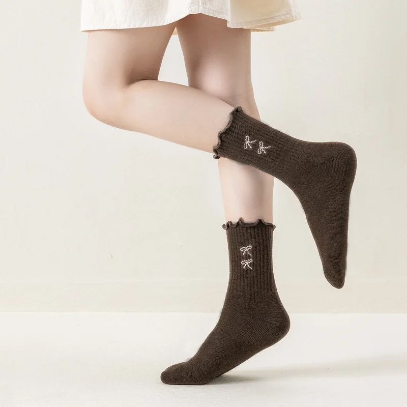 4 Paar/Set Kindersocken für Mädchen, gerüschte, süße Schleifen-Mittellängensocken für Mädchen, einfarbige, vielseitige Kindersocken für Schüler, Frühling Herbst – Detail 3