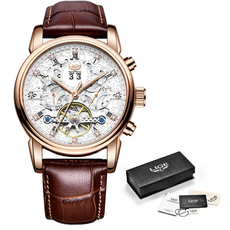 LIGE Mechanical Watches Automatic Mens Watches Luxury Original Stainless Steel Genuine Leather Tourbillon Clock Watch for Men