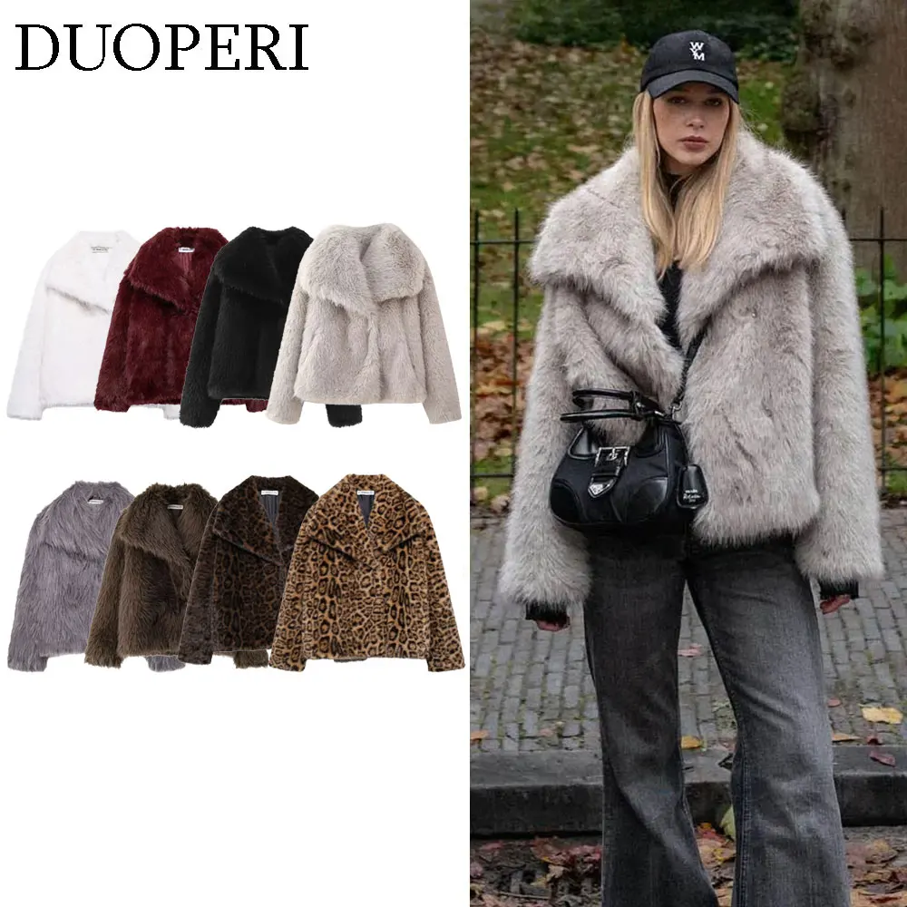 DUOPERI Women Fashion Winter Solid Thick Warm Faux Fur Coat Lapel Collar Long Sleeves Female Chic Lady Casual Outfits