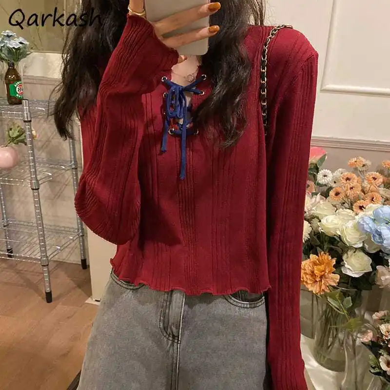 

Knitted Pullovers Women Lace-up V-neck Design Spring Autumn Vintage 6 Colors Lightweight Y2k Cropped Tops Chic Lovely College