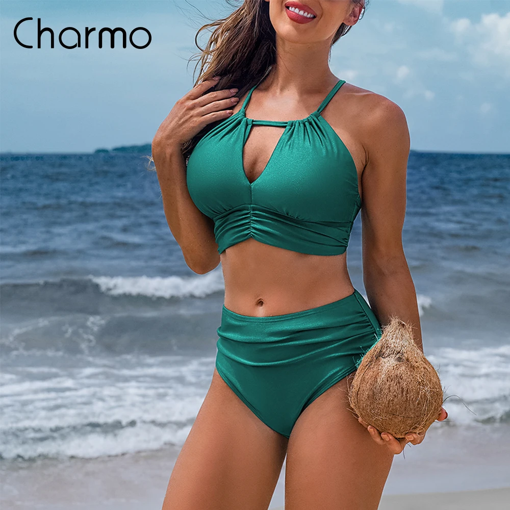 

Attraco Women Bikini Set Lace Up Halter Hollow Out Crop Tops Solid Mid Waist Sexy Bathing Suit