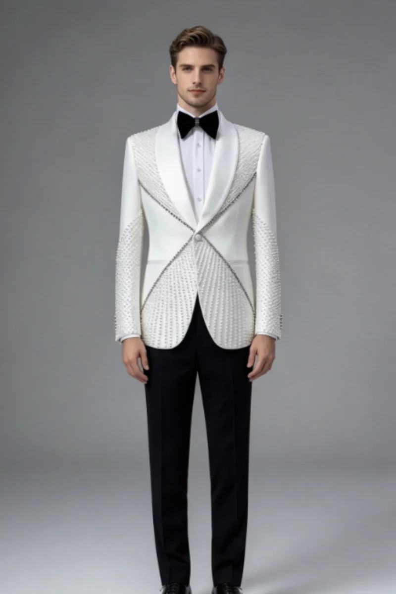 Luxury Geometric Pearl Beaded Men Suits Customized Slim Fit Shawl Lapel Wedding Groom Tuxedos 2 Pieces Sets Male Party Blazers