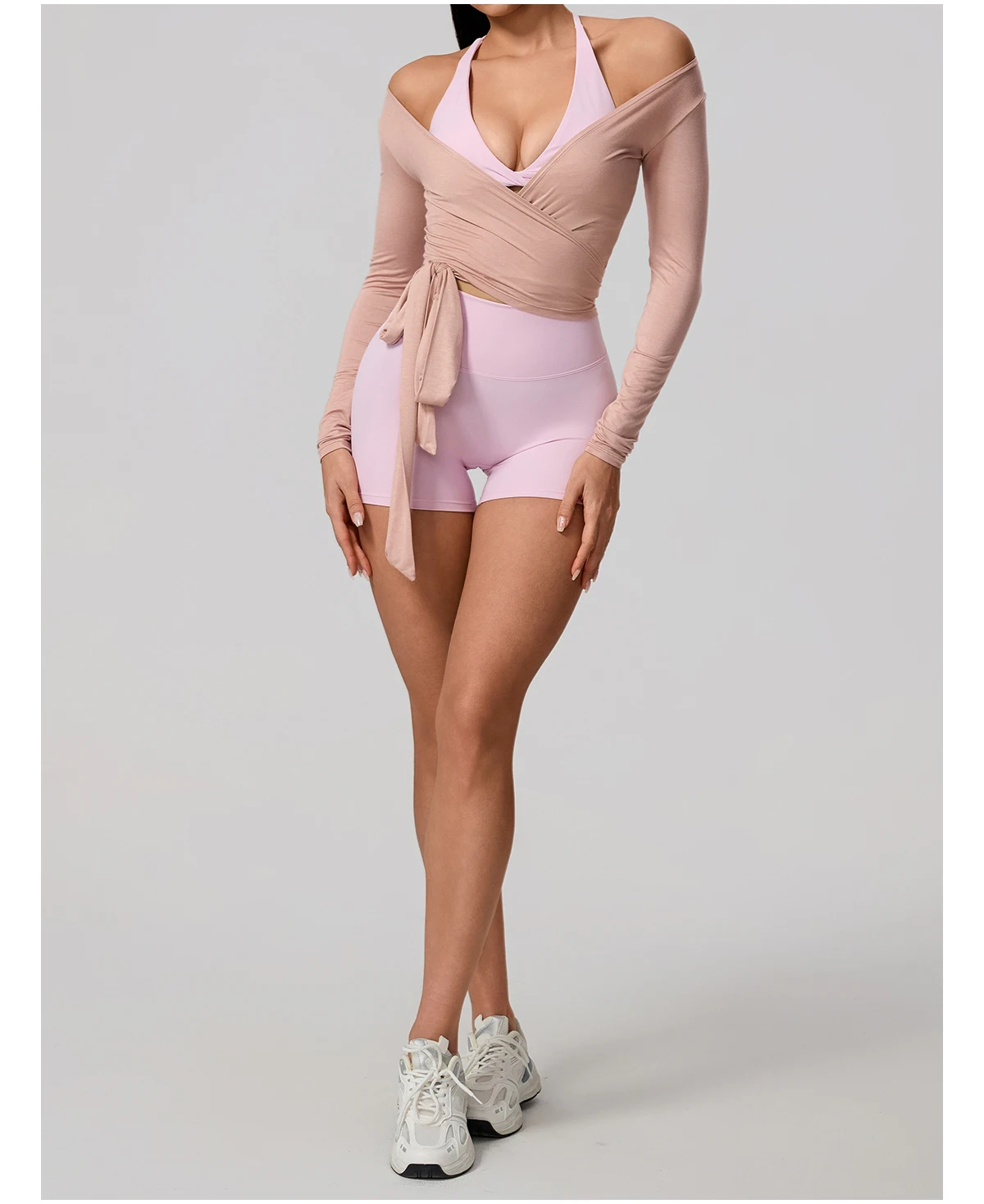 Neues Sommer-Damen-Yoga-Langarm-Einteiler-Oberteil mit Trägern – Premium-Ballett-Wrap-Top für Damen – Sport-Top für das Training – Detail 12