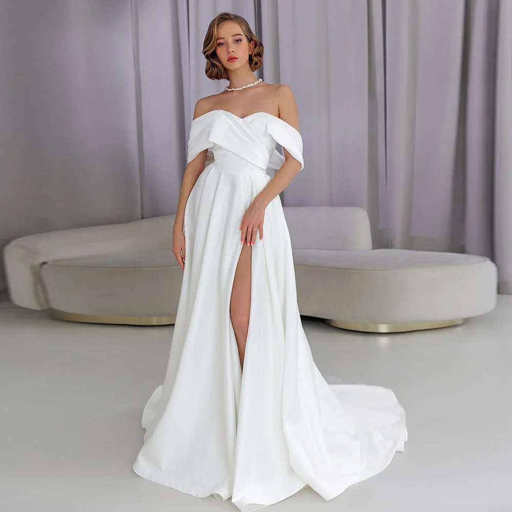 

Wedding Dresse For Bride Off Shoulder A-Line Slit Floor Length Simple Bridal Party Gown Corset Back Sweep Train Robe De Soriee