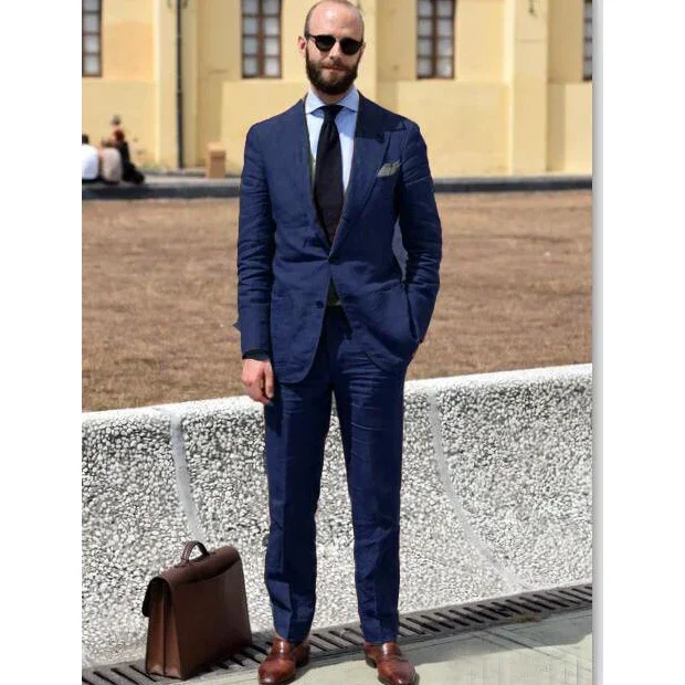 

2024 Blue Summer Line Men Suits Smart Casual Slim Fit Tuxedo Beach Blazer Hombre High Quality Custom 2 Piece Set Costume Homme