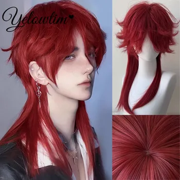YELOWTIM สีแดงวิกผมผู้ชายผมยาวหมาป่าหาง cos unisex ชุดเต็มอะนิเมะชาย mullet หัวปลาหางชุดวิกผม