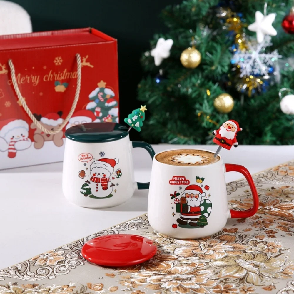 Cute Christmas Ceramic Cup with Lid and Spoon Cartoon Christmas Tree Coffee High-value Mug Souvenir Christmas Children's Gift