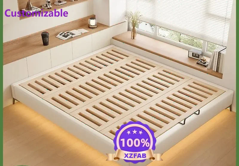 Factory Direct 2026 No bedside bed frame, tenon and mortise thickened beech row skeleton, modern simple flush edge double cat
