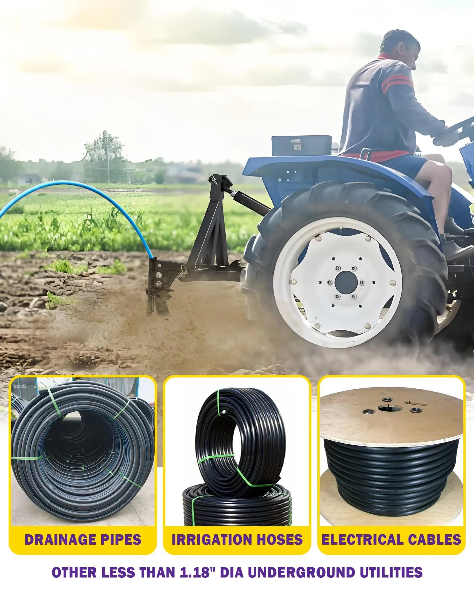 Alloy Steel Powder Coated Pipe Layer Attachment for Hitch-Mounted Ripper Trencher ATV/UTV/Tractor 3-Point Hitch Light   Max