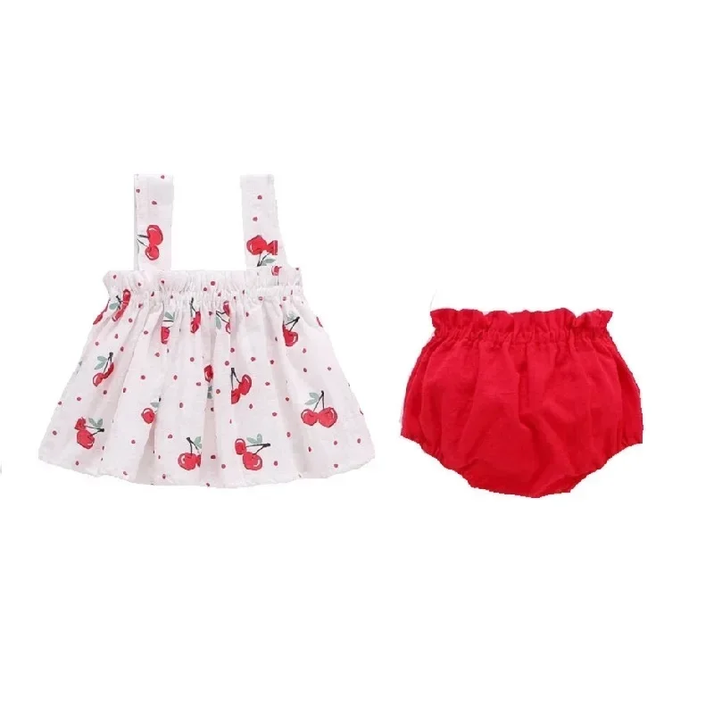 0-2 Years Baby Girl Summer Dress Suit Little Girl Clothes Infant Toddler Cherry Sling Dress Bread Pants Two-piece Clothing Set