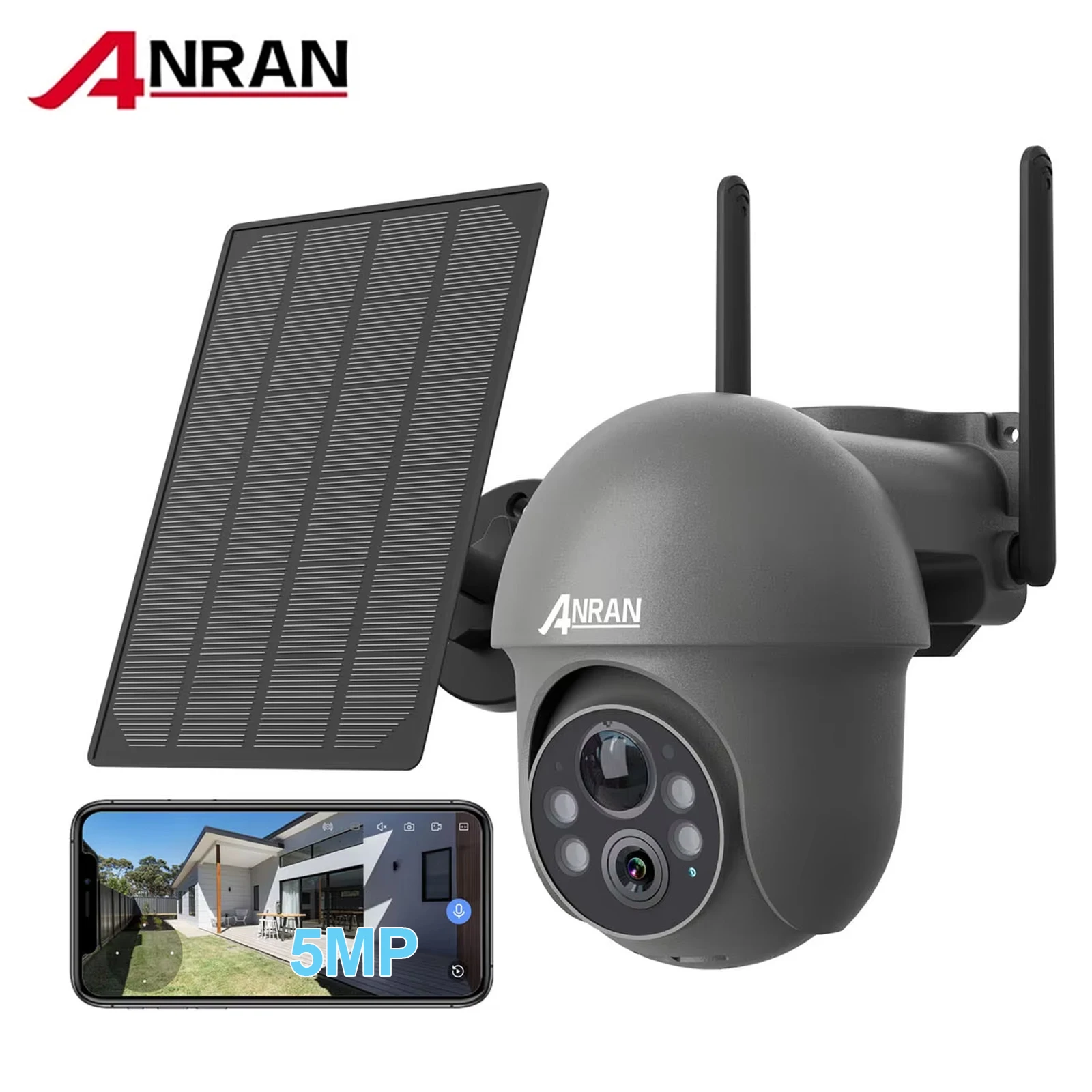 ANRAN 5MP WiFi Camera 360° Solar Battery Cameras Security Protection Compatible with Alexa PIR Detection Color Night Vision