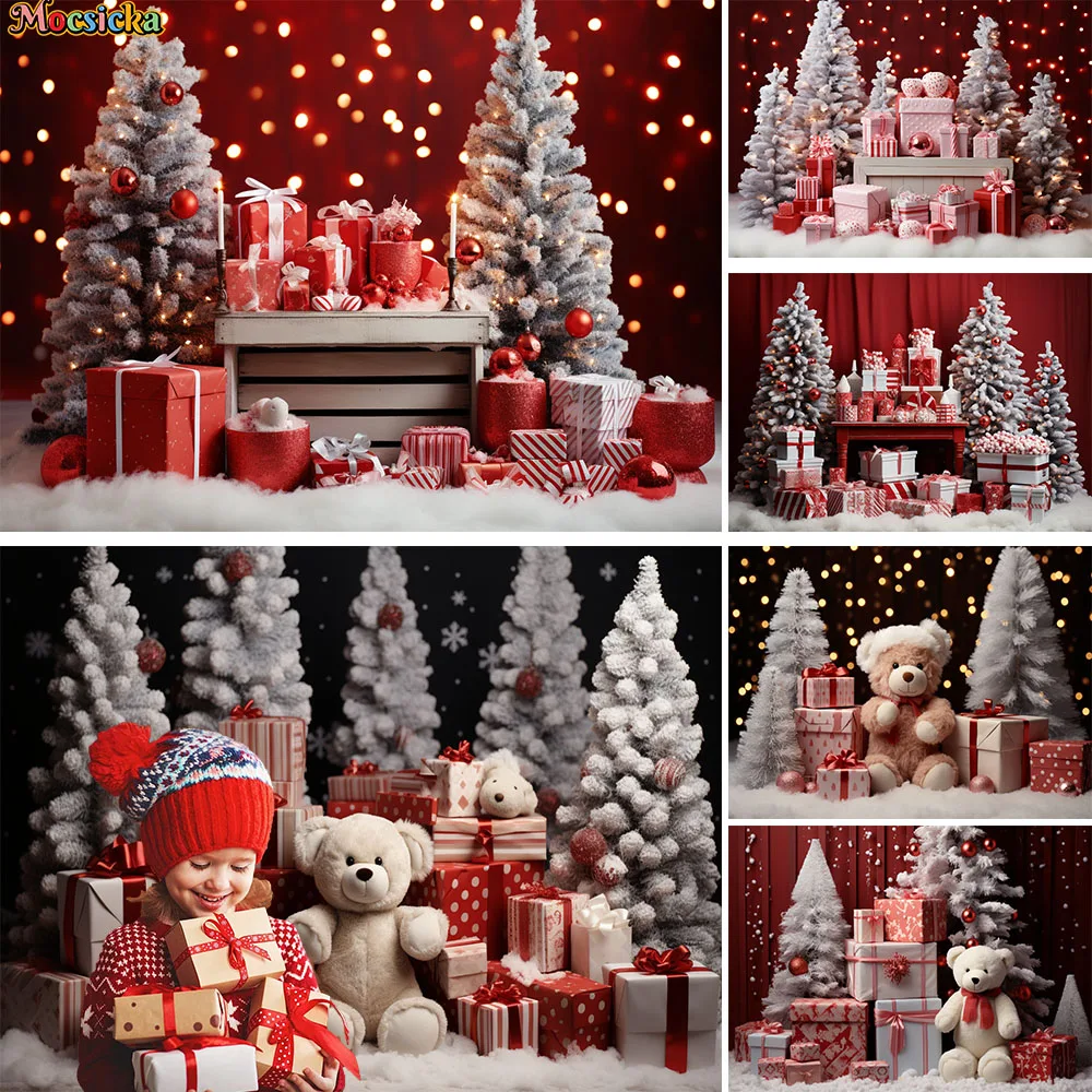 

Red Christmas Bokeh Backdrop for Studio Photography Snowy Xmas Tree Toy Bear Gifts Decor Background Kids Family Winter Photozone