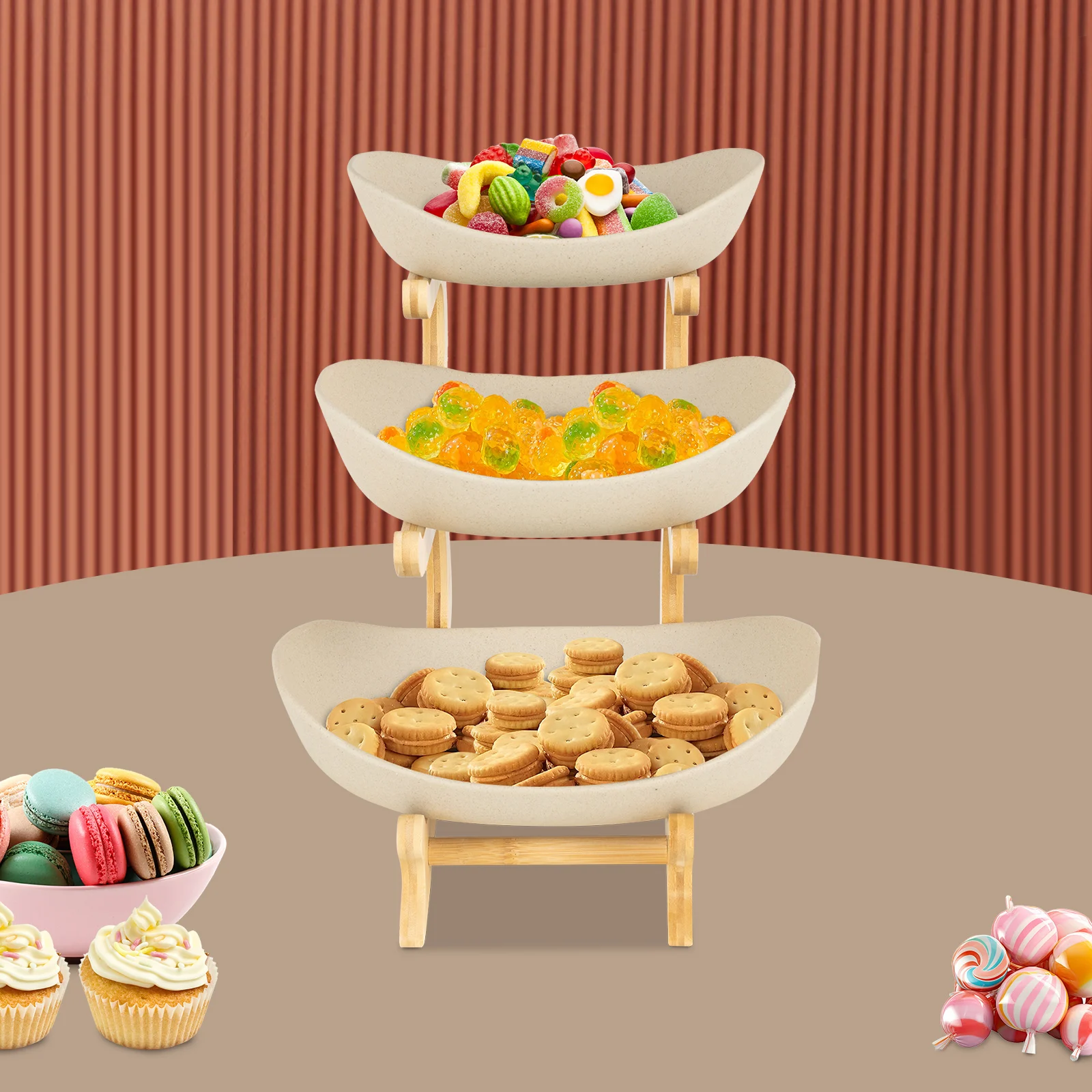 

3 Tier Bamboo Fruit Stand with Ceramic Trays White Snack Serving Plate for Kitchen Counter Party Dessert Display