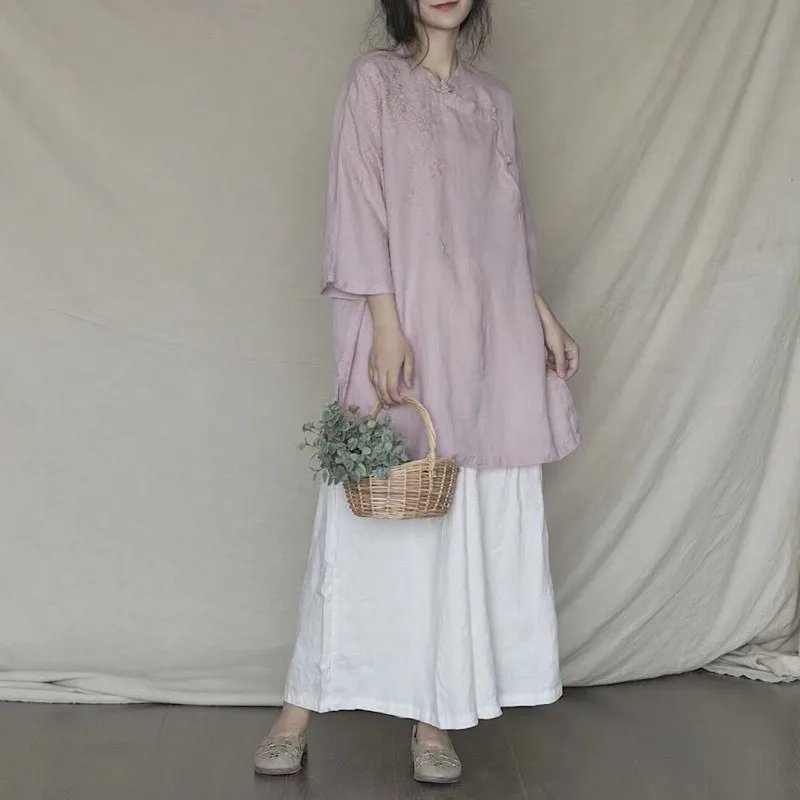 

Chinese Sle Button up Cotton Linen irt Women's Summer Mid-Length Loose Fit Tea Ceremony Costume Artistic Commute Sle