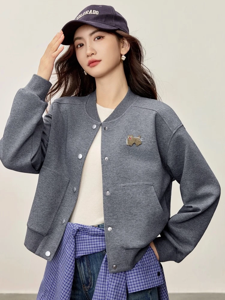 SENTUBILA Women's Jackets 2025 Autumn Casual Knit Cardigan Baseball Jacket Ribbed Collar Loose Long Sleeve Short Coat 153WE2051