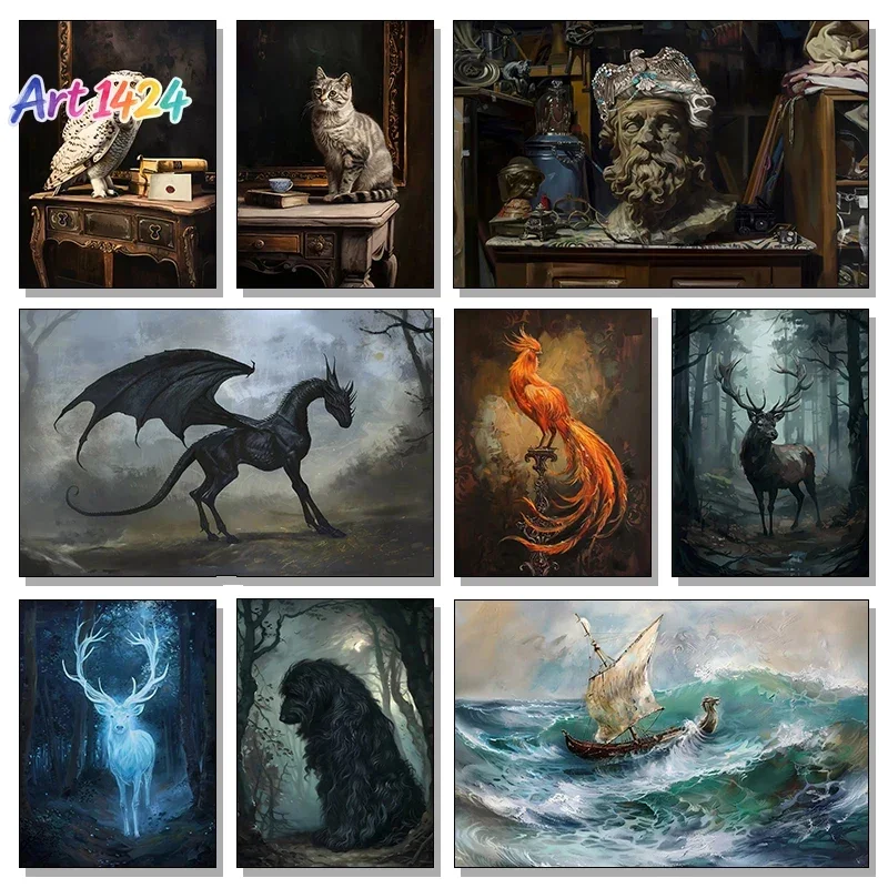 Vintage Dark Wizarding World Translucent Blue Doe Ginger Cat Desk Lion with Crown Posters Animals Canvas Paints Farm Home Decor
