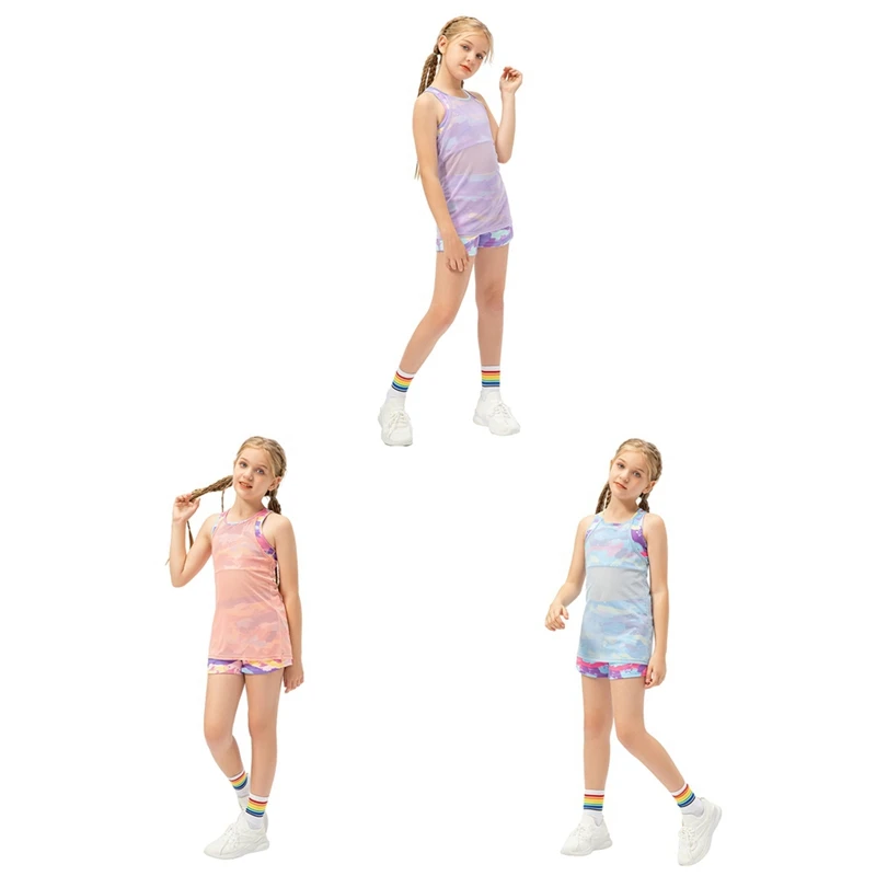 Girls T-Shirts Dance Yoga Faux Two-piece For Girls Cute Printing Sleeveless O-neck Quick-drying Tops Children's Clothes 5-12Y