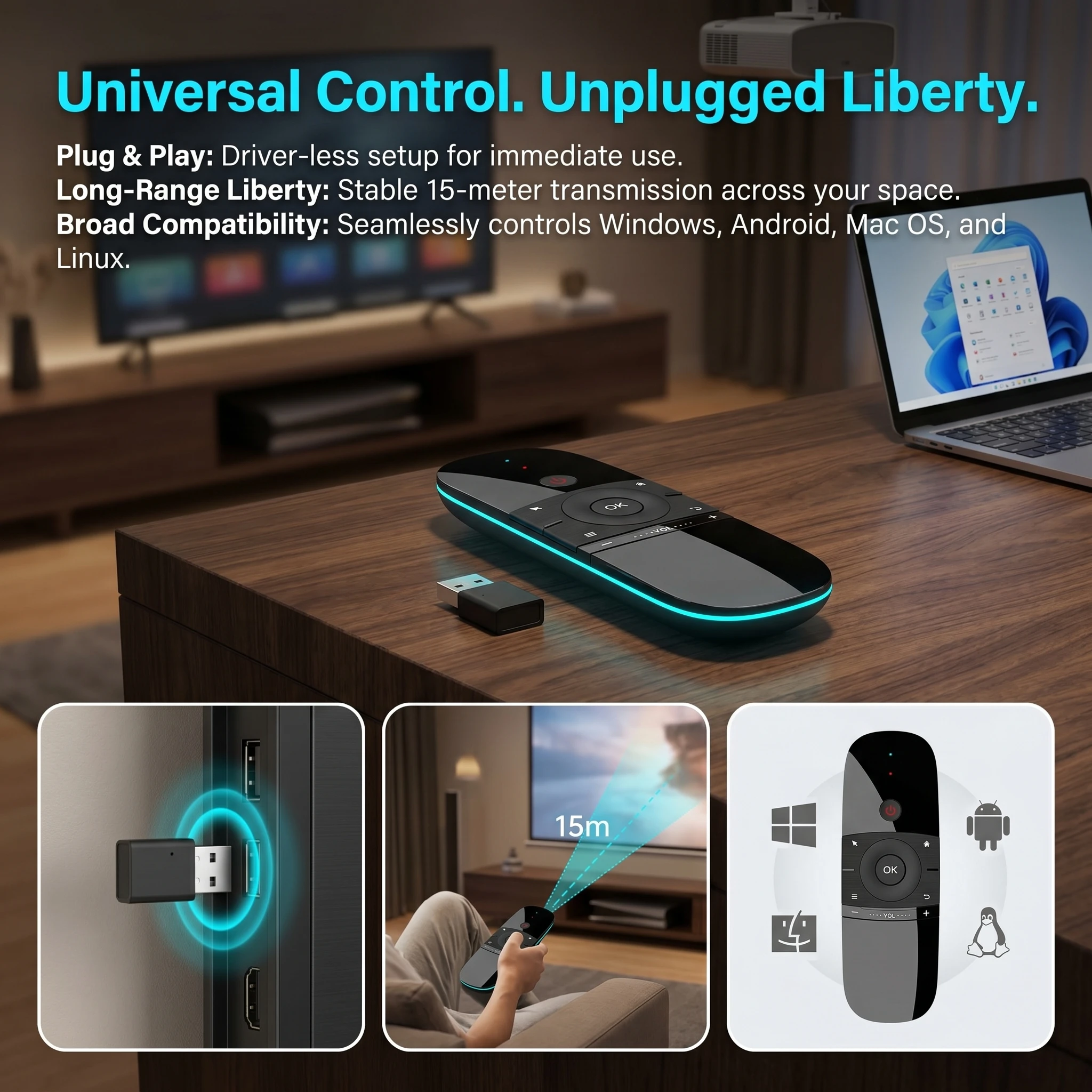 W1 Air Mouse, Wireless Keyboard and Air Mouse 2.4GHz Connects to Air Remote Control Keyboard and Mouse, Compatible with Android TV Boxes/PCs/Smart TVs/Projectors/HTPCs/PC/TV| Double-Sided Motion-Sensing
