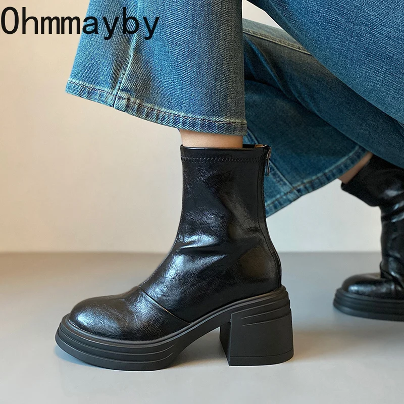Designer Women Stretch Modern Ankle Boots Fashion Thick Heel Shoes Concise Short Botas De Mujer image 3