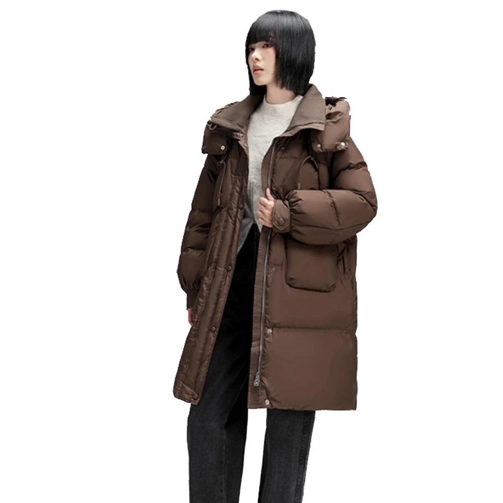 سترة بيضاء 90% من ريش الإوز للنساء، معطف نسائي فضفاض طويل بغطاء للرأس وسميك لشتاء 2025 #1