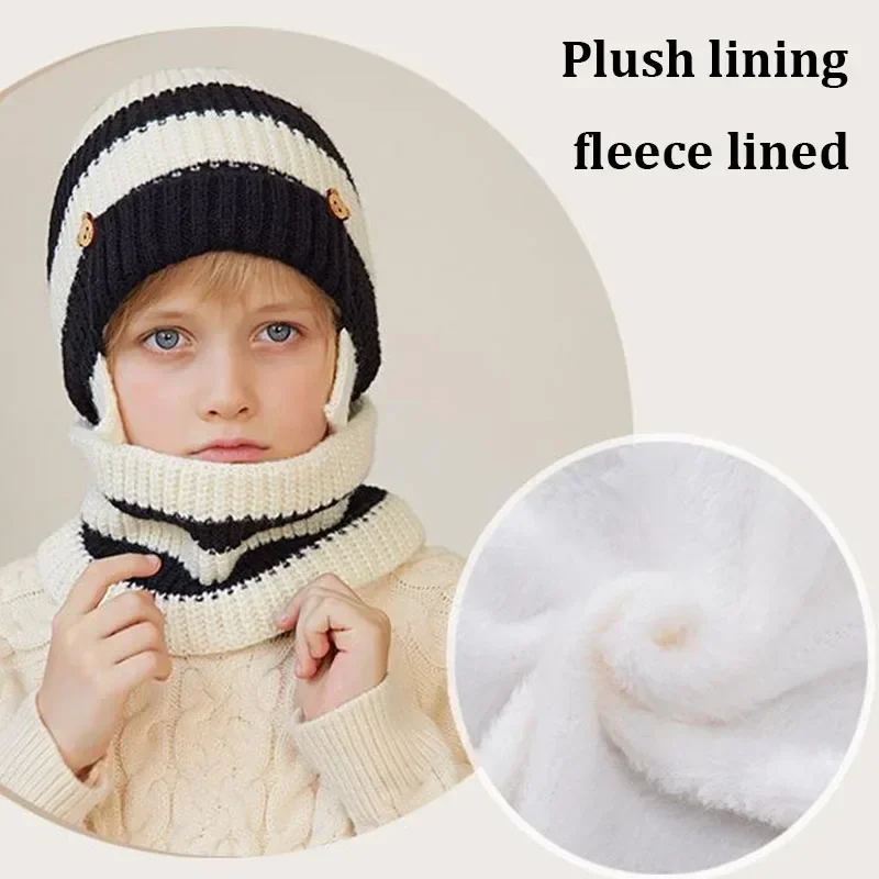 Crianças Bicolor Listrado Malha Chapéu e cachecol Set, Gorros Meninos, Ear Flaps, Plush Fleece Forrado, Crianças, 4-10Y, 2pcs