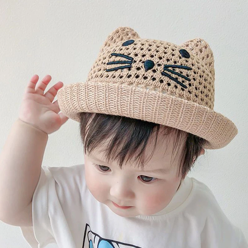 

Летняя детская панама с милым мультяшным котом для мальчиков и девочек, дышащая сетчатая шляпа-ведро для улицы, детская панама от солнца