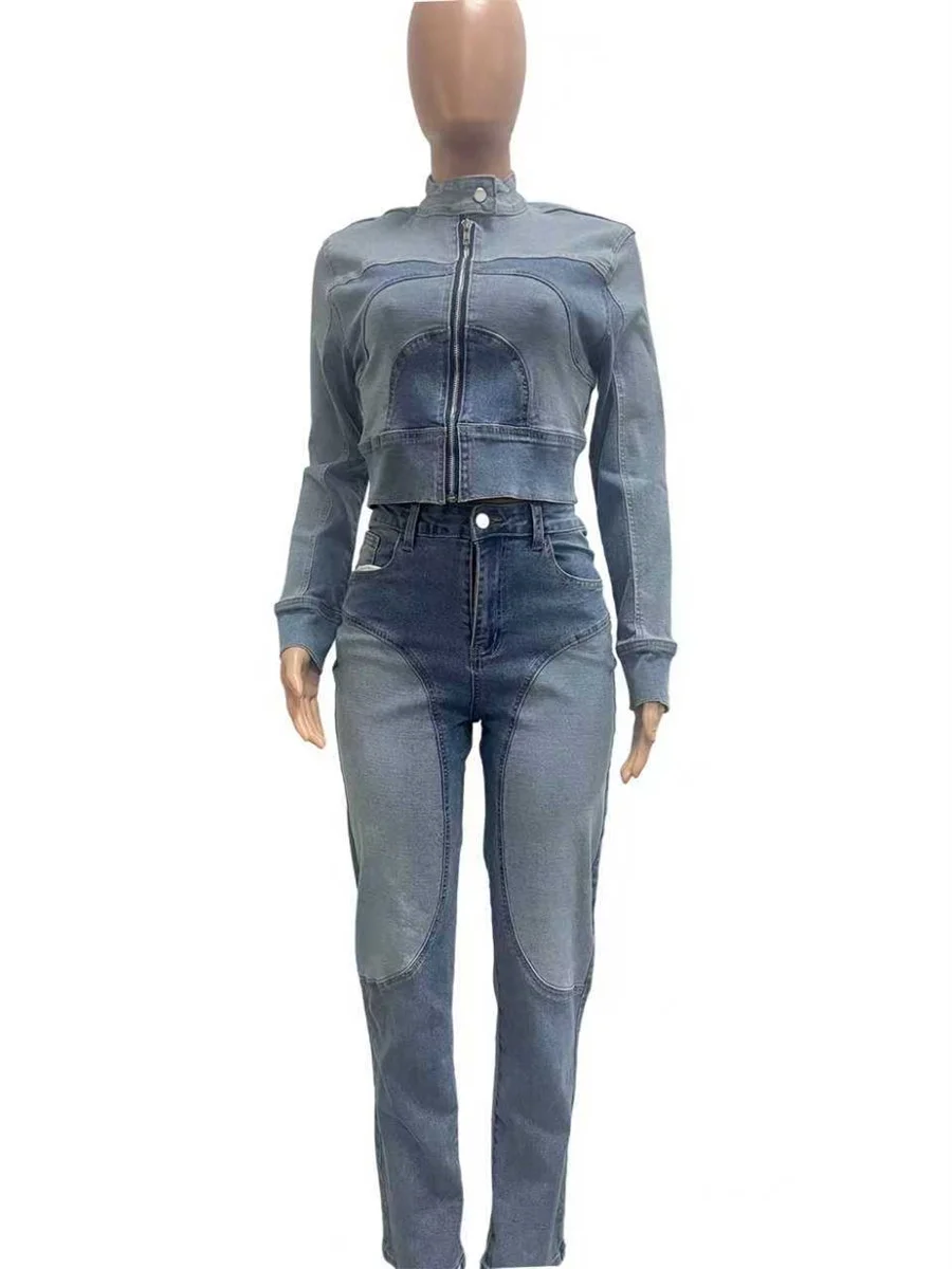 Cutenew Damen Denim Zip 2-teiliges Set Trainingsanzug Knopf Patchwork Vollarm Crop Coat + Skinny Stifte Casuals Trend Streetwear