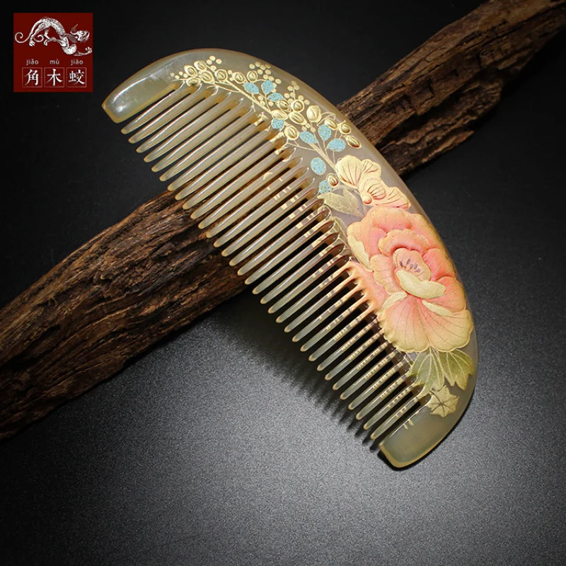 Hand-painted lacquer comb made from hornwood Premium Gift, Thickened Version with Floral Design