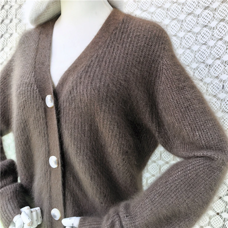 Ladies Women Autumn Winter Soft Hairy Mink Cashmere Knitted V-Neck Long Sleeves Loose Cardigans Angora Sweater Jacket Pull Tops
