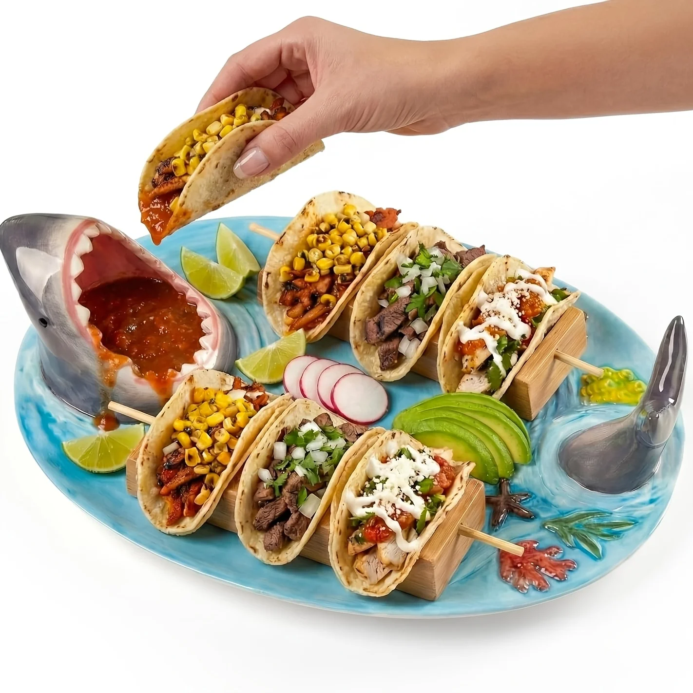 

for shark Taco Holder, Handmade Ceramic for shark Sushi Plates, Funny Nacho Taco Stands Tray With Dipping Sauce Bowl, Microwave/Oven/Dishwasher Safe Plates, Holiday Birthday Gifts For Shark Party Lovers
