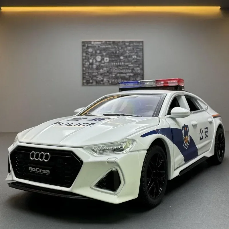 Modelo de coche de policía Audi RS7, simulación 1:32, con luz de sonido, vehículos de juguete fundidos a presión, regalo para niño en miniatura Voiture