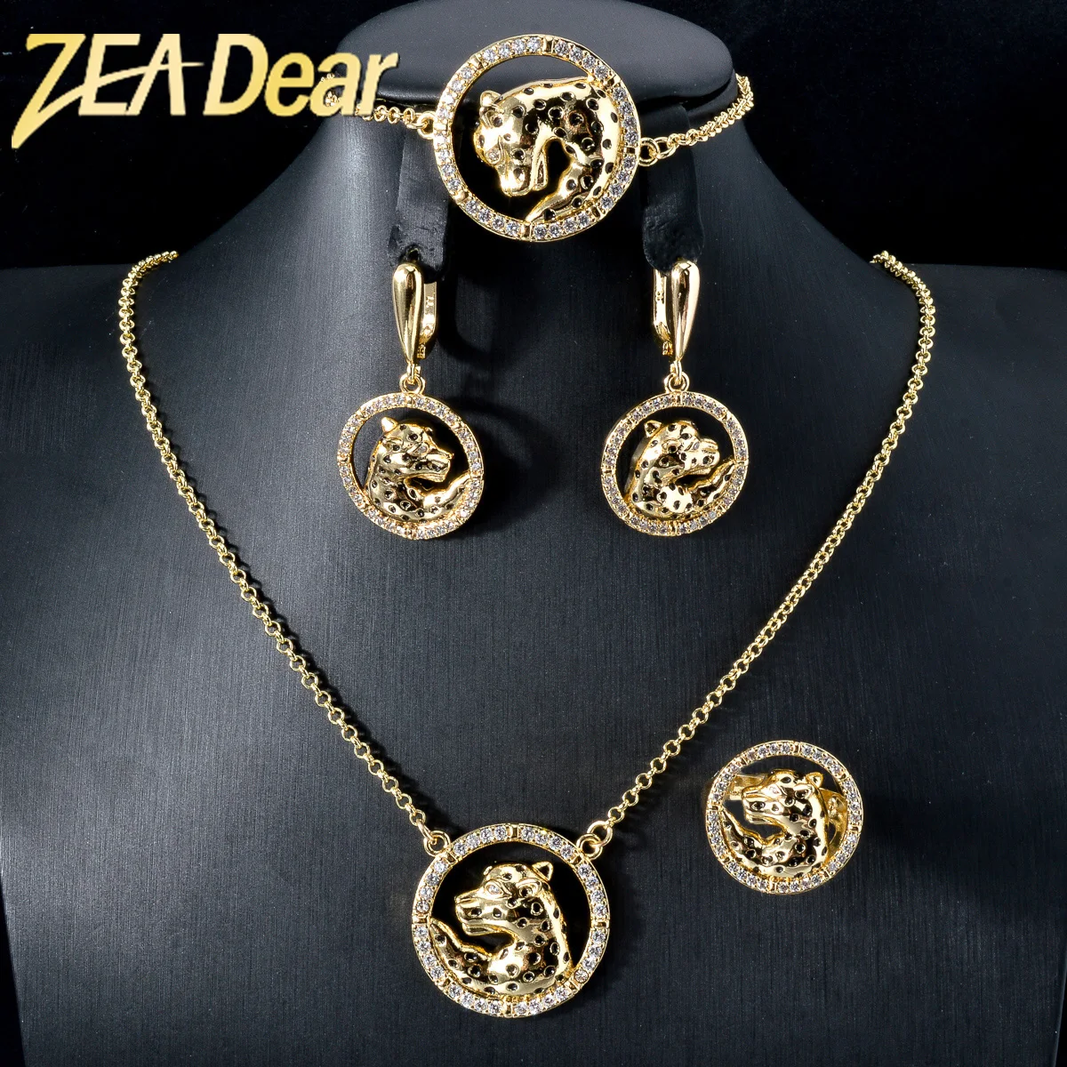 ZEADear European and American Leopard Head Necklace Bracelet Earring Rings 18K Gold Plated Zircon Animal For Women Jewelry