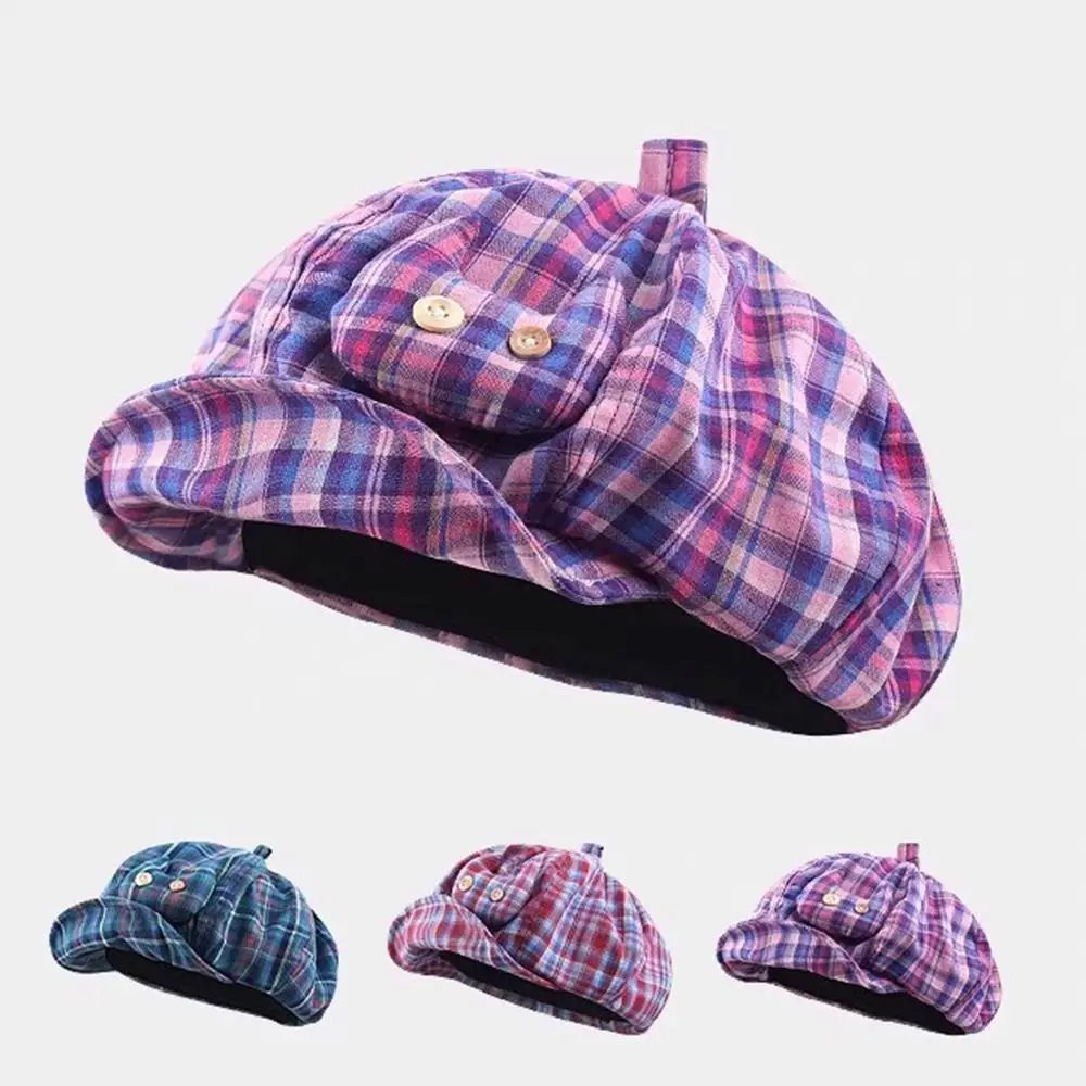 

Ins Korean Style Japanese Button Hat Sun Protection Short Brim Plaid Cloud Berets Versatile Cute Painter Hat Spring Summer