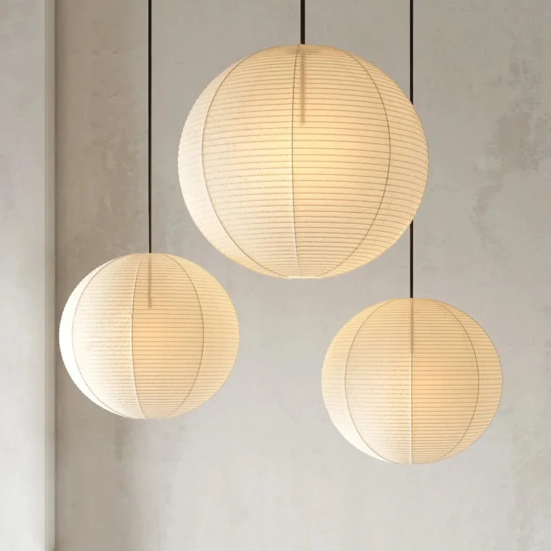 Wabi Sabi Japanese Wind Round Rice Paper LED Pendant Light For Living Dining Room Nordic Loft Chandelier Home Decor Lamp