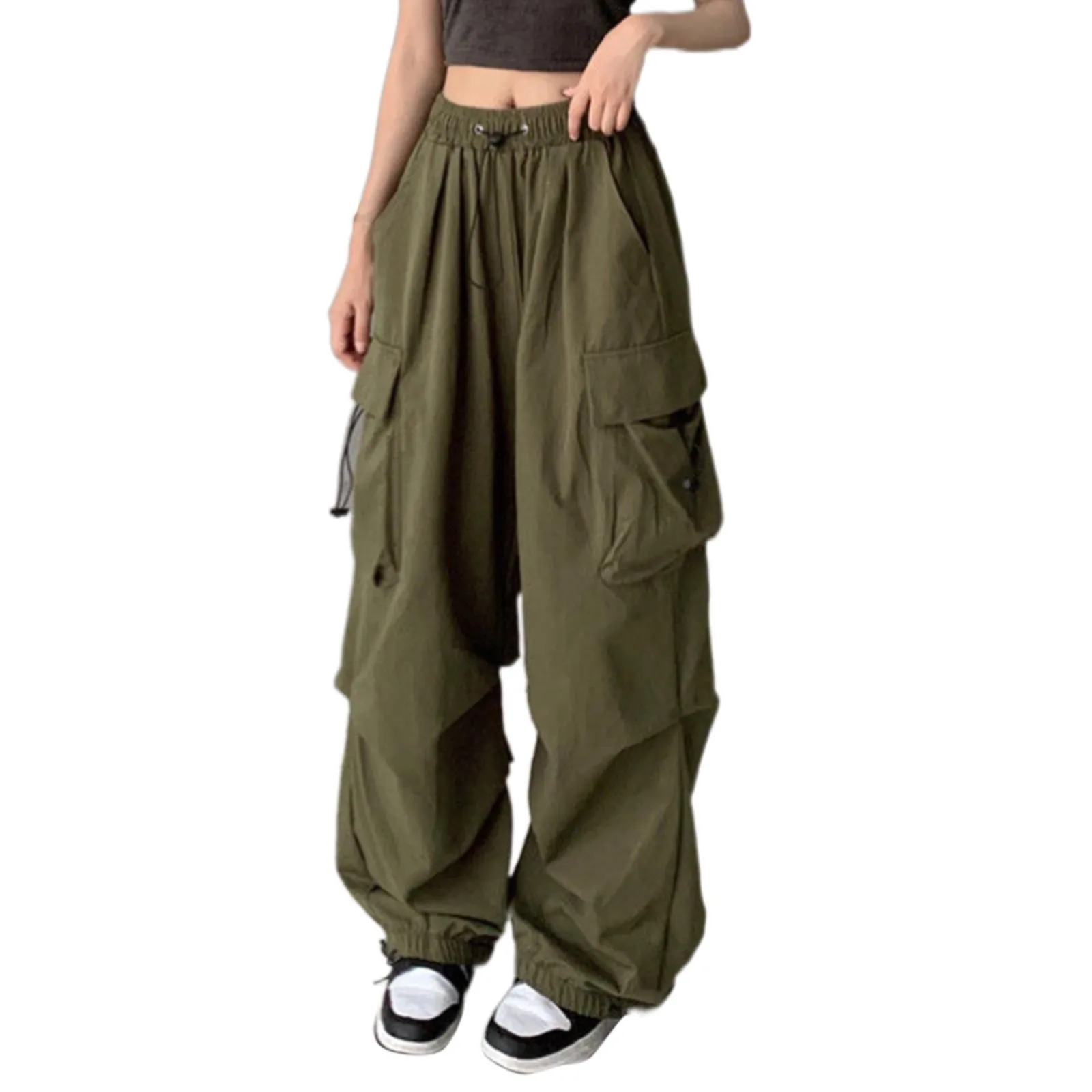 

Women Baggy Cargo Pants Mid Waist Streetwear Hip Hop Joggers Sweatpants Elastic Waist Drawstring Casual Loose Wide Leg Trousers