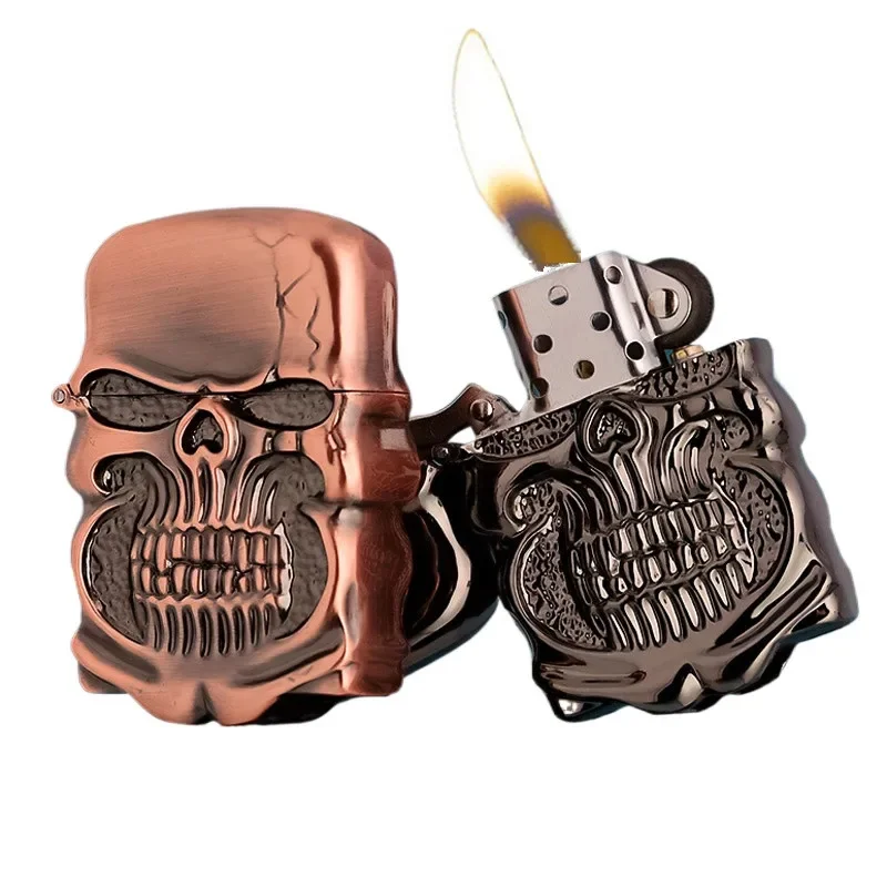 New Armor Skull Metal Retro Kerosene Double Sided Relief Pattern Lighter Vintage Grinding Wheel Ignition Gasoline Lighter Gift