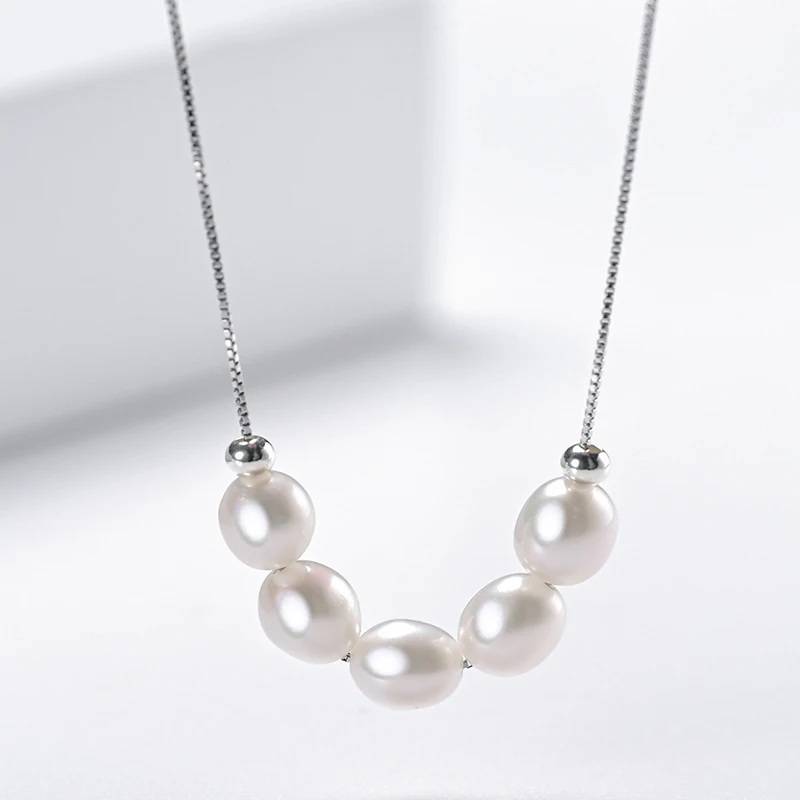 HENGSHENG 6-7mm Pearl White Pink Purple Smile Chain 925 Sterling Silver Fine Cute Fashion Pendant Necklace Women Girls Jewelry