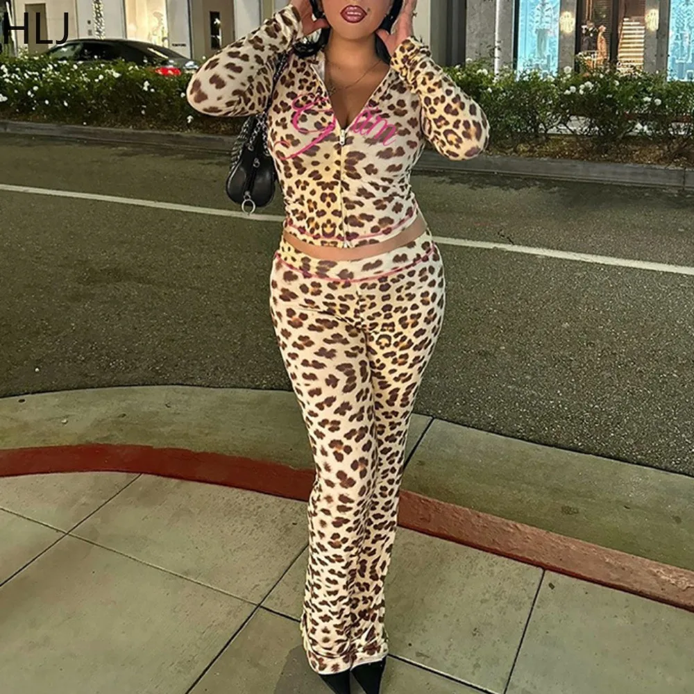 HLJ Fashion Leopard Print Hooded Two Piece Sets Women Zip Long Sleeve Slim Top And Skinny Pants Outfits Sext Y2K 2pcs Streetwear