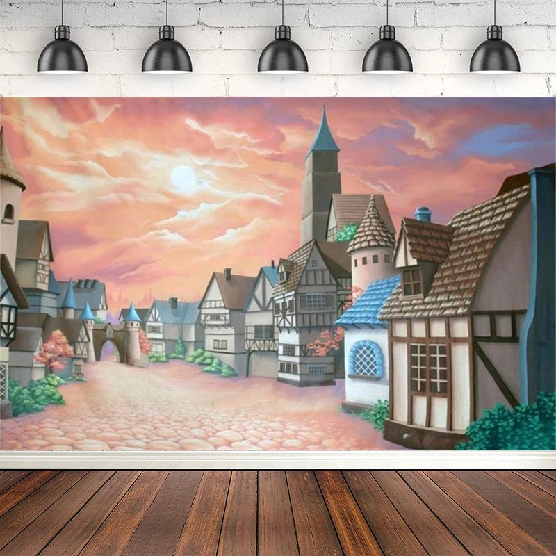 

Photography Backdrop For Cartoon Fairy Tale Castle Town Village Street Background Banner Kids Children Photo Booth Shoot Studio