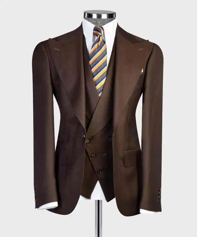Elegant Peak Lapel One Single Breasted Full Men's Suits 3pcs Blazer Vest Pant Formal Party Office Coffee Man Suit Set