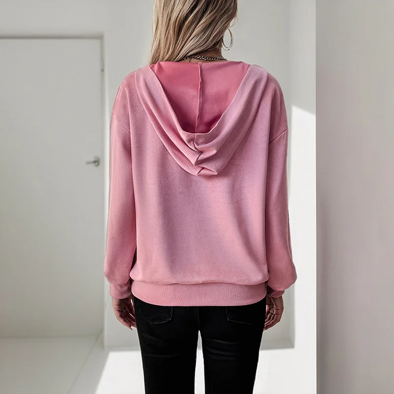 Women's Pink V-Neck Long-Sleeved Hooded Sweatshirt Casual Autumn Winter European American Style Valentine's Day Theme